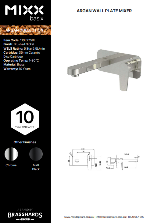 ARGAN WALL PLATE MIXER (11SL275BL)