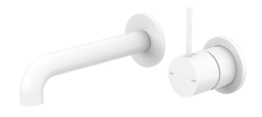 Mecca Wall Basin Mixer Separate Back Plate Handle Up 230mm Spout Matte White